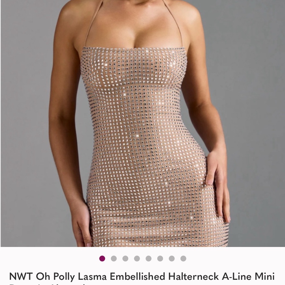 Oh Polly Embellished Halterneck Mini Dress - Tan
